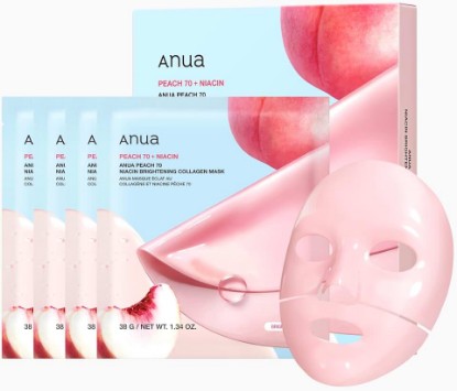 Picture of ANUA Peach 70 Niacin Brightening Collagen Mask, 1.34 fl.oz/4ea | Overnight Face Mask for Glass Skin, Niacinamide, Elasticity, Even Skin Tone, Natural Color, Korean Skincare