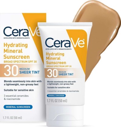 Picture of CeraVe Tinted Sunscreen for Face, Mineral SPF 30 Moisturizer, Medium, 1.7oz | Skin Care, Face Sunscreen, Hyaluronic Acid, Zinc Oxide, Titanium Dioxide, Sheer Tint, Healthy Glow, Blends Seamlessly