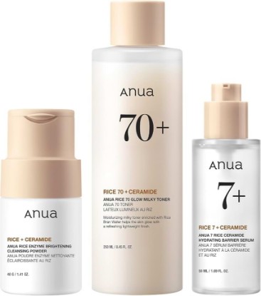 Picture of ANUA Rice Skin Care Set | Cleansing Powder Face Wash, Milky Toner & Hydrating Serum, Ceramide, Hyaluronic Acid, Skin Barrier Repair, Korean Skincare