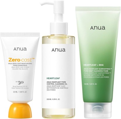 Picture of ANUA After Sun Care Trio Set | Heartleaf Cleansing Foam + Zero-Cast Moisturizing Finish Sunscreen, Pore Control, Face Wash, Sunscreen, Korean Skincare
