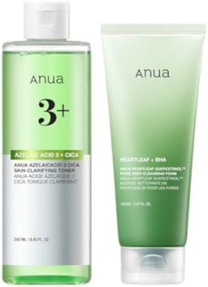 Picture of ANUA Pore Care Must-Have Duo | Heartleaf Quercetinol Deep Cleansing Foam & Azelaic Acid 3 CICA Skin Clarifying Toner, Pore & Redness Care, Korean Skincare