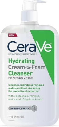 Picture of CeraVe Hydrating Cream To Foam Cleanser, Face Wash for Dry Skin, 19oz | Skin Care with Hyaluronic Acid, Makeup Remover, Facial Cleanser, Fragrance-Free, Non-Comedogenic, For Normal To Dry Skin