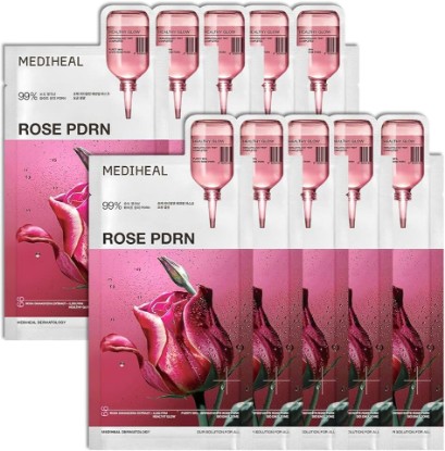 Picture of MEDIHEAL Rose PDRN Essential Face Sheet Mask, Healthy Glow (10ea) | with Adenosine, Ceramide | For Tightened Pores & Glowing Skin | Plastic-Free Vegan Sheet | Korean Skincare