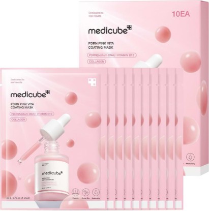 Picture of medicube Salmon DNA PDRN Pink Vitamin Coated Sheet Mask 10EA | Sheet Mask for Hydration, Firming, and Balanced Skin - Luxurious At-Home Care, Korean Skin Care, 0.77oz, 10ea