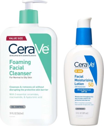 Picture of CeraVe Foaming Facial Cleanser, Daily Face Wash, 19oz AM Facial Moisturizing Lotion SPF 50, Face Moisturizer with SPF, 3 Oz Bundle with Hyaluronic Acid, Niacinamide & Ceramides