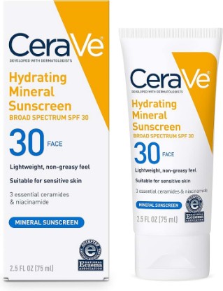 Picture of CeraVe Hydrating Mineral Sunscreen SPF 30 with Hyaluronic Acid, 2.5oz | Face Sunscreen with Zinc Oxide, Titanium Dioxide, Hyaluronic Acid, & Niacinamide For Broad Spectrum Protection