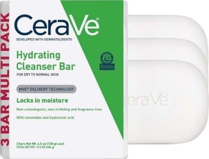 Picture of CeraVe Hydrating Cleanser Bar, Face Wash with 5% Moisturizing Cream, 3-Pack | Soap-Free Body Wash and Facial Cleanser with Ceramides Thoroughly Cleanses without Stripping Skin Of Natural Moisture