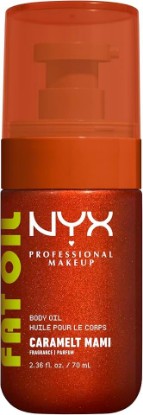 Picture of NYX PROFESSIONAL MAKEUP Fat Oil Body Oil in Caramelt Mami, Caramel Scented Body Glow Moisturizer With Vitamin E for 24HR Hydration and Glowing Skin, Bronzed Finish, Vegan & Cruelty-Free | Shimmering Body Moisturiser, 24hr Hydration with Avocado Oil & Vitamin E, High-Shine Finish, Non-Greasy & Vegan