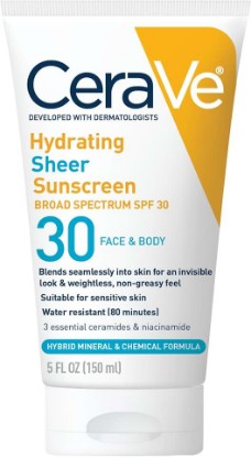 Picture of CeraVe Hydrating Sheer Sunscreen SPF 30 with Hyaluronic Acid, 5oz | Mineral and Chemical Sunscreen For Face and Body with Zinc Oxide & Ceramides, Fragrance-Free and Paraben-Free