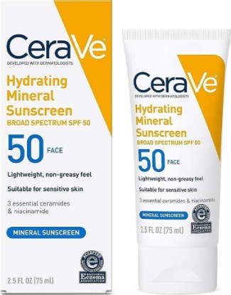 Picture of CeraVe Hydrating Mineral Sunscreen SPF 50 Face Sunscreen, Travel Size 2.5oz | Face Sunscreen with Zinc Oxide, Titanium Dioxide, Hyaluronic Acid, & Niacinamide For Broad Spectrum Protection