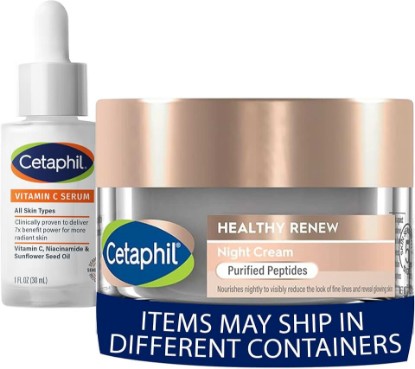 Picture of Cetaphil Vitamin C Serum, Dermatologist Tested, 1oz + Healthy Renew Skin Tightening Night Cream 1.7 Oz, Wrinkle Repair Cream for Face with Peptides, For Sensitive Skin, Fragrance Free, Bundle