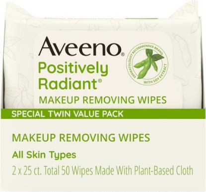 Picture of Aveeno Positively Radiant Makeup Remover Wipes, Twin Pack, 2 x 25 Ct | Oil Free Facial Cleansing Wipes, Alcohol Free, Non-Comedogenic, Gentle for Sensitive Skin, Travel Size