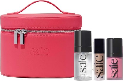 Picture of Saie Mini Fuschia Vanity Case Bundle, Soft Glow Makeup Kit (4 ct) | Mini Vanity Case in Fuschia with Mini Glowy Super Gel, Dew Liquid Blush & CitySet Makeup Setting Spray, Travel Makeup Set
