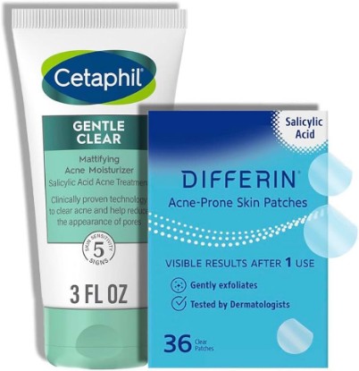 Picture of Cetaphil Gentle Clear Acne Moisturizer and Differin Patch Set: 36 Differin Power Patches, 18 large and 18 small pimple patches for acne-prone skin Face Moisturizer with Salicylic Acid