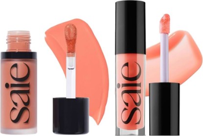 Picture of Saie Dewy Glow Duo - Dew Liquid Blush - (.40 oz, Hottie), Glossybounce Lip Gloss-Oil Hybrid (.17 oz, Splash) - Hydrating, Vegan Makeup for Radiant Cheeks & Lips