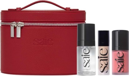Picture of Saie Mini Red Vanity Case Bundle, Everyday Glow Makeup Kit (4 ct) | Mini Vanity Case in Red with Mini Glowy Super Gel, Dew Liquid Blush & CitySet Makeup Setting Spray, Travel Makeup Set