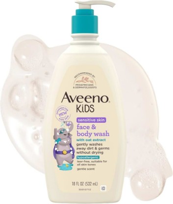 Picture of Aveeno Kids Face & Body Wash, Sensitive Skin, 18 fl. oz | Nourishing Oat Extract Washes Away Dirt and Germs Without Drying, Tear-Free, Hypoallergenic, No Added Dyes & Sulfates