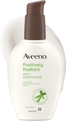 Picture of Aveeno Positively Radiant Daily Face Moisturizer with SPF 15 Sunscreen, Hydrating Face Lotion with Soy Extract to Improve Skin Tone and Texture, Hypoallergenic Formula, Oil-Free, 4 Fl Oz | Hydrating Face Lotion with Soy Extract, Improves Skin Tone & Texture, Oil-Free, Hypoallergenic, Non-Comedogenic