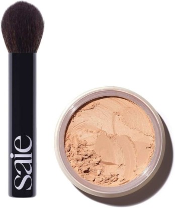 Picture of Saie Face Powder Duo, Medium - The Fluffy Brush, Soft, Multi-Use Targeted Powder Brush With Tapered Tip & Airset Radiant Loose Setting Powder, Translucent Medium (0.14 oz) - Vegan, Cruelty-Fee