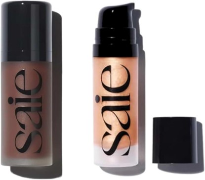 Picture of Saie Radiant Glow Duo - Dew Bronze Soft-Focus Liquid Bronzer in Sail (0.4 oz) & Mini Glowy Super Gel Lightweight Illuminator in Sunglow (0.5 oz), Hydrating Makeup Essentials for a Sun-Kissed Glow