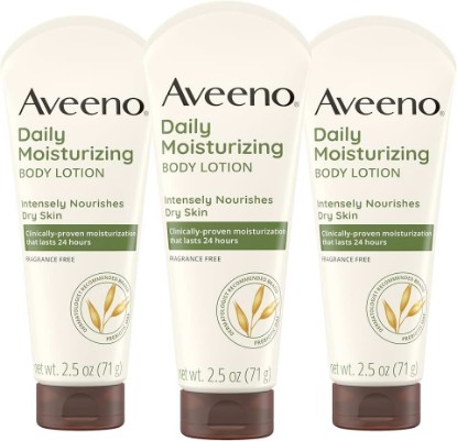 Picture of Aveeno Daily Moisturizing Body Lotion, Fragrance-Free, 2.5 fl. oz, 3 Pack | Moisturizes & Nourishes Dry Skin with Soothing Prebiotic Oat, Fragrance-Free, Non-Comedogenic, Travel-Size [Amazon-developed Certification] Compact by Design