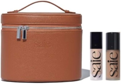 Picture of Saie Mini Brown Vanity Case Bundle, Sunlit Bronze Makeup Kit (3 ct) | Mini Vanity Case in Brown with Mini Glowy Super Gel in Starglow & Dew Bronze Liquid Bronzer in Sand, Travel Makeup Set