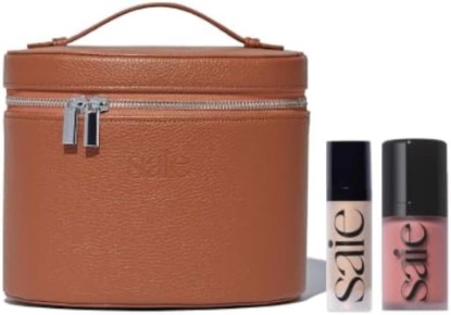 Picture of Saie Mini Brown Vanity Case Bundle, Flushed Glow Makeup Kit (3 ct) | Mini Vanity Case in Brown with Mini Glowy Super Gel in Starglow & Dew Liquid Blush in Lady, Travel Makeup Set