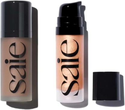 Picture of Saie Radiant Glow Duo - Dew Bronze Soft-Focus Liquid Bronzer in Salt (0.4 oz) & Mini Glowy Super Gel Lightweight Illuminator in Sunglow (0.5 oz), Hydrating Makeup Essentials for a Sun-Kissed Glow