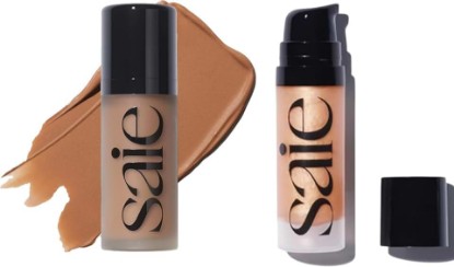 Picture of Saie Radiant Glow Duo - Dew Bronze Soft-Focus Liquid Bronzer in Sand (0.4 oz) & Mini Glowy Super Gel Lightweight Illuminator in Sunglow (0.5 oz), Hydrating Makeup Essentials for a Sun-Kissed Glow