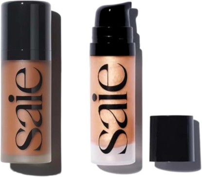 Picture of Saie Radiant Glow Duo - Dew Bronze Soft-Focus Liquid Bronzer in Swim (0.4 oz) & Mini Glowy Super Gel Lightweight Illuminator in Sunglow (0.5 oz), Hydrating Makeup Essentials for a Sun-Kissed Glow