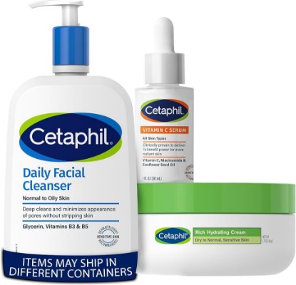 Picture of Cetaphil Vitamin C Serum, 1oz + Rich Hydrating Night Cream For Face, 1.7 oz, Moisturizing Cream + Face Wash, Daily Facial Cleanser for Sensitive, Combination to Oily Skin, 20 oz, Bundle