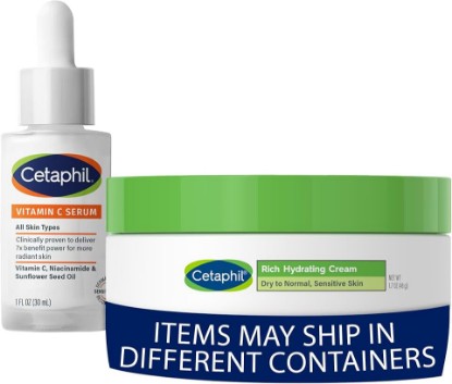 Picture of Cetaphil Vitamin C Serum, Fragrance Free, 1oz + Rich Hydrating Night Cream For Face, With Hyaluronic Acid, 1.7 oz, Moisturizing Cream For Dry To Very Dry Skin, No Added Fragrance, Bundle