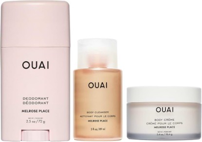 Picture of OUAI Melrose Place Travel Essentials - Aluminum Free Deodorant (2.5 oz) + Body Cleanser Travel (3 oz) + Body Cream Travel (3.4 oz) - Hydration, Freshness & Rosy Scented Self-Care Set