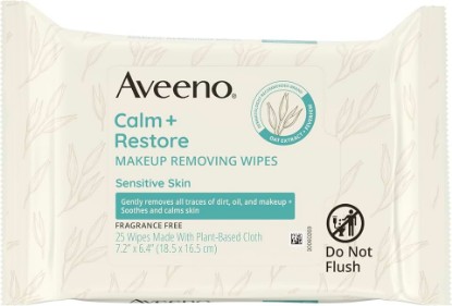 Picture of Aveeno Calm + Restore Unscented Makeup Remover Wipes, Alcohol-Free, 25 Ct | Makeup Wipes with Oat Extract & Calming Feverfew, Fragrance-Free, Sensitive Wipes Leave Skin Feeling Soothed, Alcohol-Free