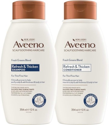 Picture of Aveeno Fresh Greens Shampoo and Conditioner Set, Sulfate Free, Clarifying & Volumizing for Thin or Fine Hair, Rosemary Peppermint Cucumber Nourish & Thicken, Color Safe Paraben Free, 12 Fl Oz, 2 Count