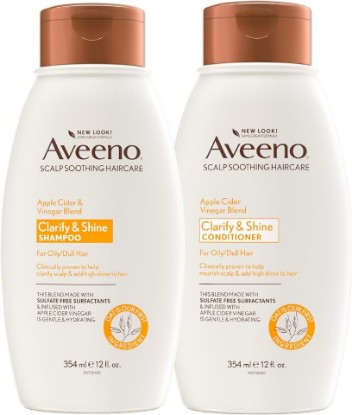 Picture of Aveeno Apple Cider Vinegar Shampoo + Conditioner Set, Hair Care Bundle for Balance & High Shine, Daily Clarifying & Soothing Scalp Shampoo & Conditioner for Oily & Dull Hair, Two Pack, 2 x 12 fl. oz