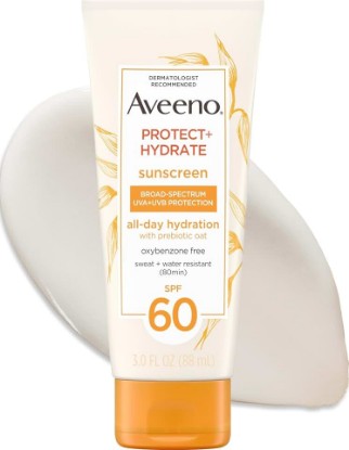 Picture of Aveeno Protect + Hydrate Sunscreen Lotion for Body & Face with Prebiotic Oat, SPF 60 Broad Spectrum Sunscreen, Paraben, & Oil Free, Water & Sweat Resistant (80-min) for Sensitive Skin, 3 Fl Oz | Moisturizing