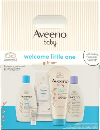 Picture of Aveeno Baby Welcome Little One Gift Set, Baby Essentials Set, 5 Items | Daily Moisture Baby Body Wash and Shampoo, Calming Comfort Bath, Sensitive All Over Wipes, Moisturizing Lotion, Baby Balm