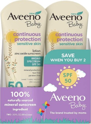 Picture of Aveeno Baby SPF#50 Continuous Protect Lotion Sensitive 3 Ounce (88ml) (Pack of 2)