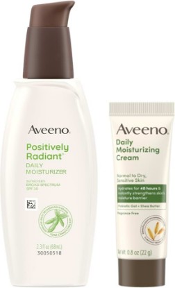 Picture of Aveeno Skincare Bundle, SPF 30 Face Moisturizer & Body Cream, 2 Items | Positively Radiant SPF 30 Face Sunscreen Moisturizer with Soy, 2.3 fl. oz, & Daily Moisturizing Cream, 0.8 oz, Travel Size