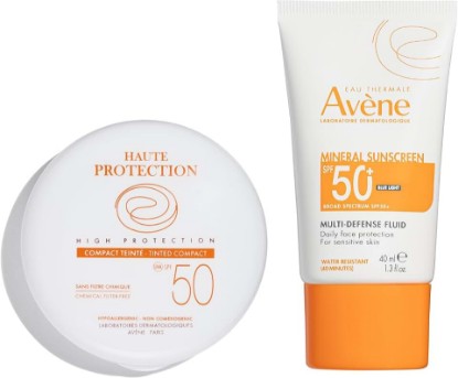 Picture of Avène High Protection Beige Tinted Compact, & Mineral Multi-Defense Sunscreen Broad Spectrum SPF 50+, UVA/UVB Blue Light Protection, Water Resistant, Non-Greasy
