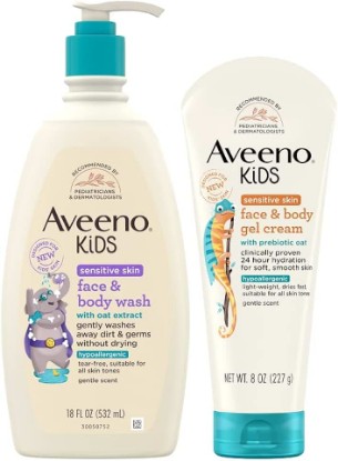 Picture of Aveeno Kids Sensitive Skin Face & Body Wash With Oat Extract, 18 fl. Oz with Aveeno Sensitive Skin Face & Body Gel Cream for Kids with Prebiotic Oat, 8 oz