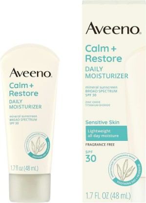 Picture of Aveeno Calm + Restore Daily Moisturizer Mineral Sunscreen, 1.7 fl. oz | Broad Spectrum SPF 30, Lightweight All Day Moisture, UVA/UVB Sun Protection For Sensitive Skin, Fragrance Free