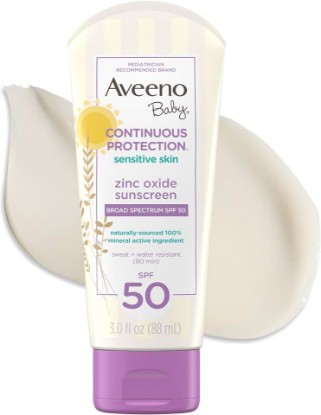Picture of Aveeno Baby Continuous Protection Zinc Oxide SPF 50 Sunscreen for Babies with Sensitive Skin, Broad Spectrum Sun Protection, Tear-Free, Sweat- & Water-Resistant, No added Parabens, 3 Fl Oz