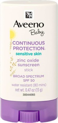 Picture of Aveeno Baby Continuous Protection Mineral Sunscreen Stick for Sensitive Skin with Broad Spectrum SPF 50 Protection for Face & Body, Naturally Sourced 100% Zinc Oxide, Travel Size, 0.47 oz