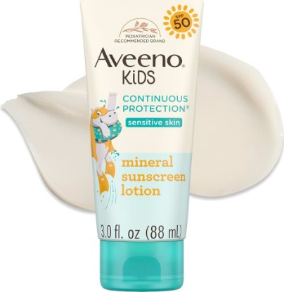 Picture of Aveeno Kids Sunscreen Lotion, Broad Spectrum, SPF 50, 3 fl. oz | Zinc Oxide Sunscreen Lotion for Kids Sensitive Skin, Oxybenzone Free, Tear and Sweat-Free, Water-Resistant, Non-Greasy