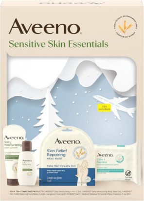 Picture of Aveeno Sensitive Skin Essentials Gift Set, 4 Items | Daily Moisturizing Body Lotion, Body Wash, Calm + Restore Makeup Removing Wipes, & Skin Relief Repairing Hand Mask
