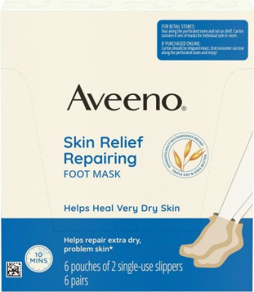 Picture of Aveeno Skin Relief Repairing Foot Mask, Moisturizing Socks with Prebiotic Oat & Shea Butter for Very Dry Skin, Foot Care for Sensitive Skin, Fragrance-Free, Value Pack, 6 Pairs of Single-Use Slippers