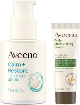 Picture of Aveeno Skin-Care Bundle for Sensitive Skin, Fragrance Free, 2 Items | Calm + Restore Triple Oat Hydrating Facial Serum, 1 fl. oz and Daily Moisturizing Cream + Prebiotic Oat, 0.5 oz, Travel Sized
