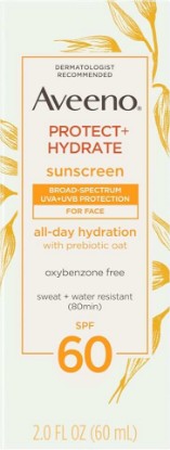 Picture of Aveeno Protect + Hydrate Face Sunscreen, SPF 60 Broad Spectrum, for Sensitive Skin, Travel Size, Water Resistant (80 minutes), Paraben, Oxybenzone & Oil Free, 2 fl oz (Pack of 12)